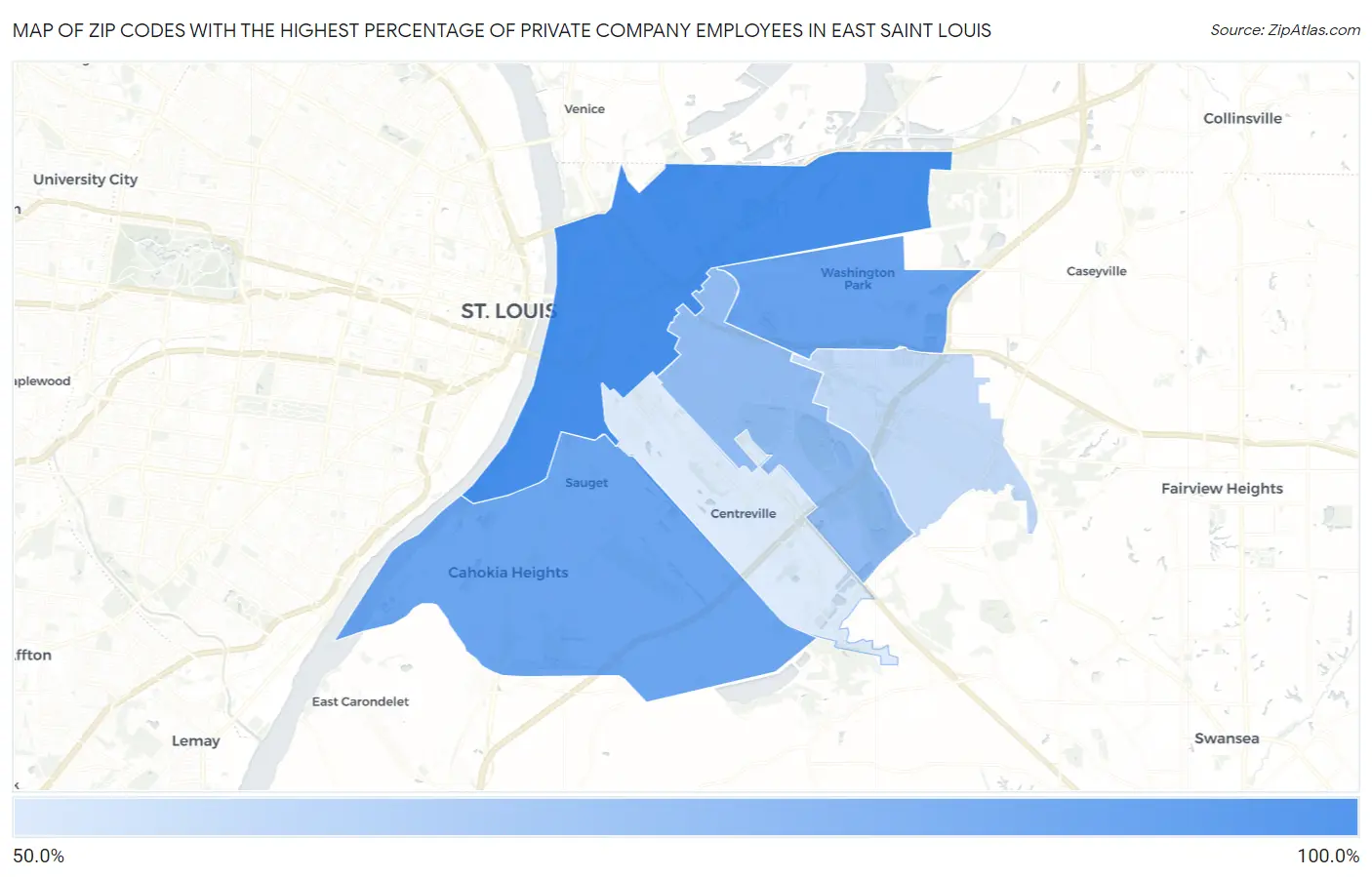 Zip Codes with the Highest Percentage of Private Company Employees in East Saint Louis Map