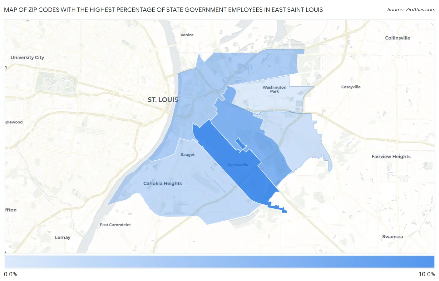 Zip Codes with the Highest Percentage of State Government Employees in East Saint Louis Map