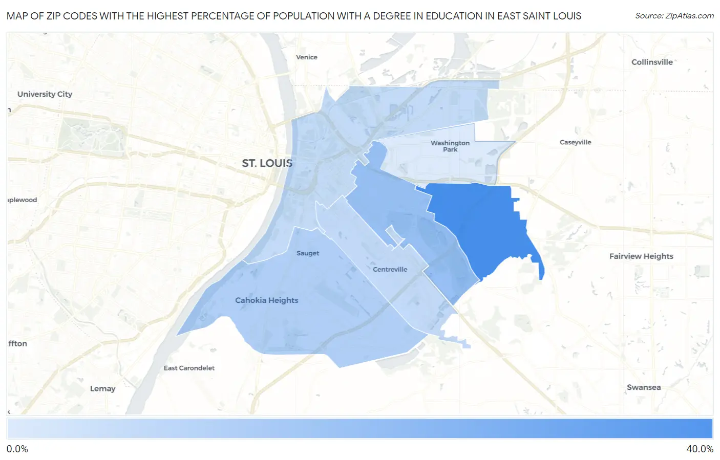 Zip Codes with the Highest Percentage of Population with a Degree in Education in East Saint Louis Map