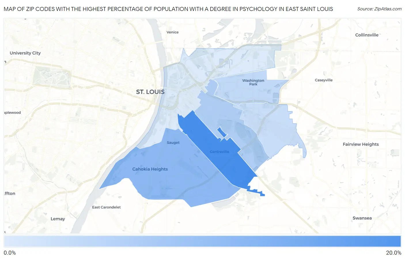 Zip Codes with the Highest Percentage of Population with a Degree in Psychology in East Saint Louis Map