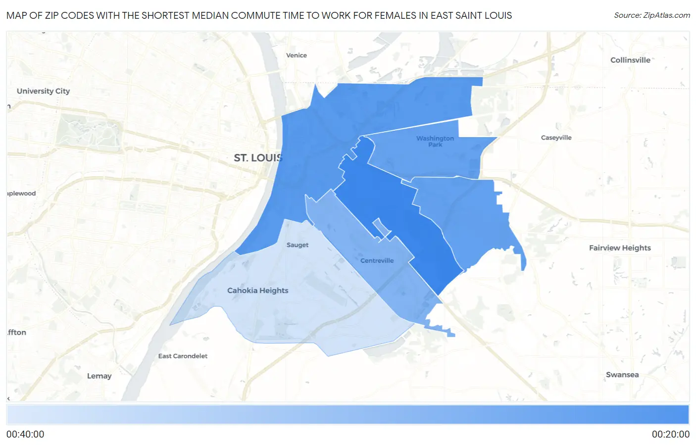 Zip Codes with the Shortest Median Commute Time to Work for Females in East Saint Louis Map