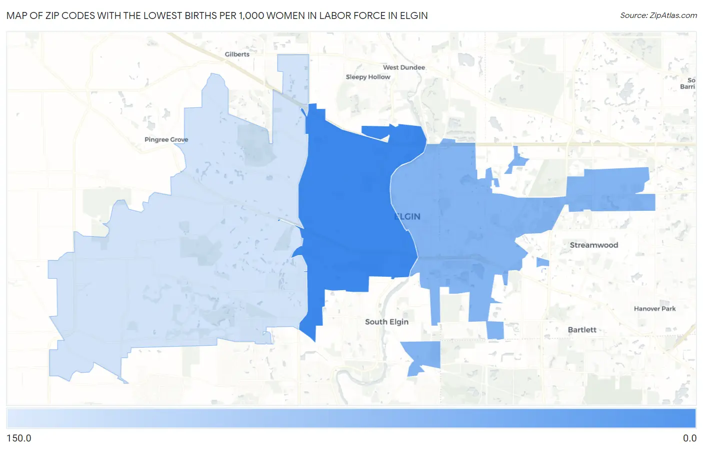 Zip Codes with the Lowest Births per 1,000 Women in Labor Force in Elgin Map