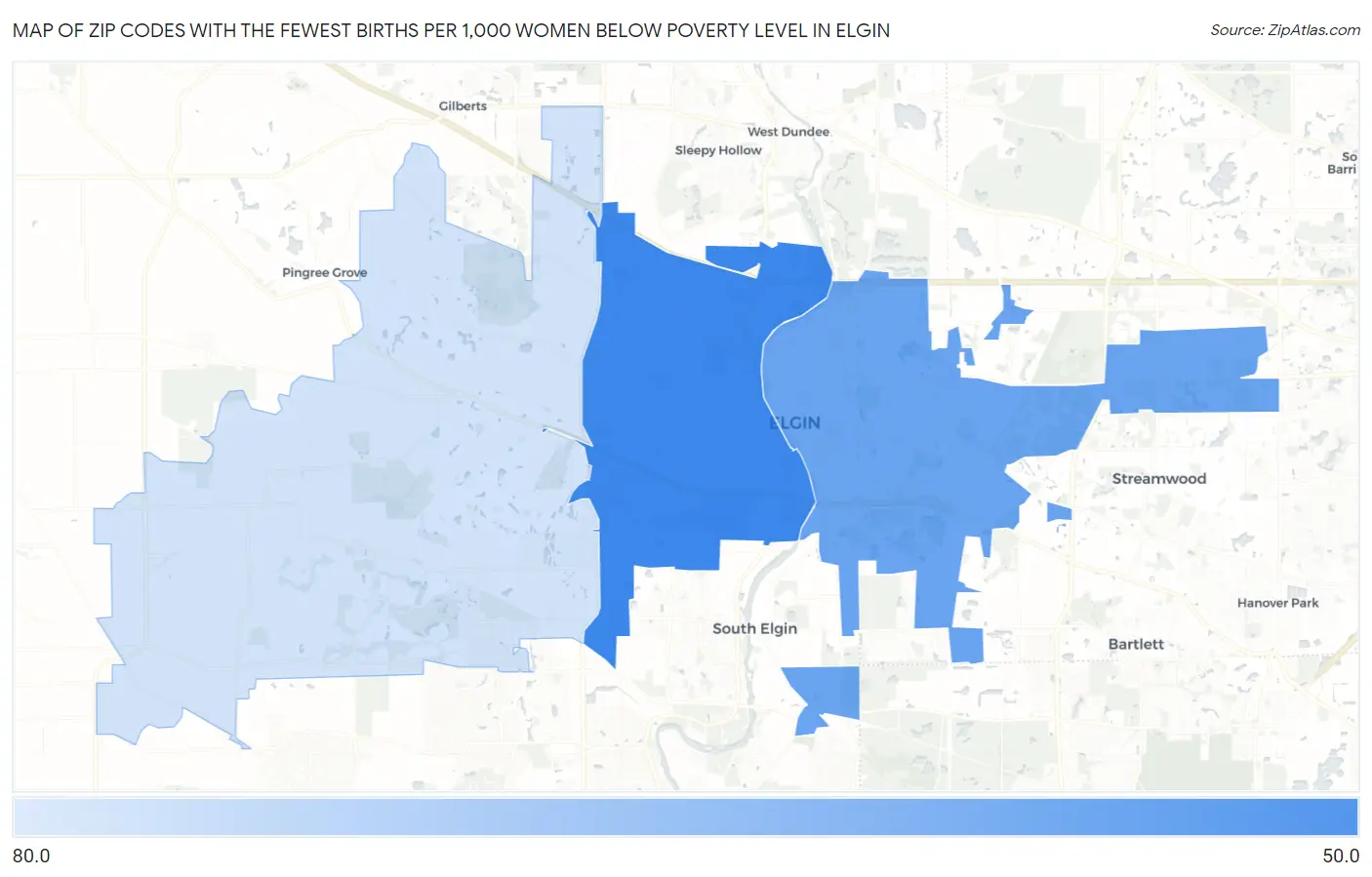 Zip Codes with the Fewest Births per 1,000 Women Below Poverty Level in Elgin Map