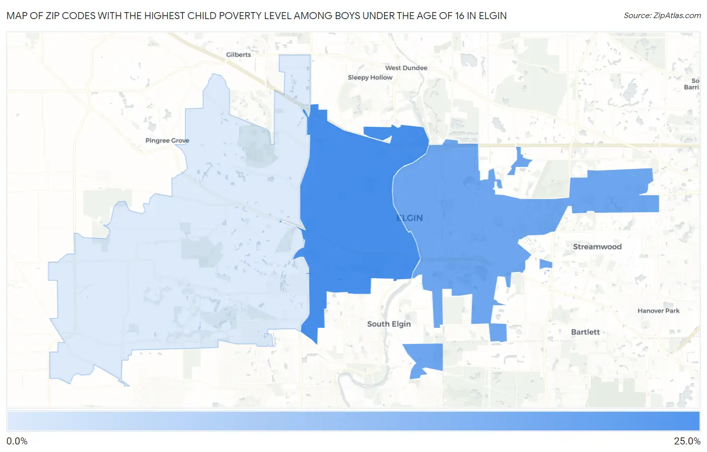 Zip Codes with the Highest Child Poverty Level Among Boys Under the Age of 16 in Elgin Map