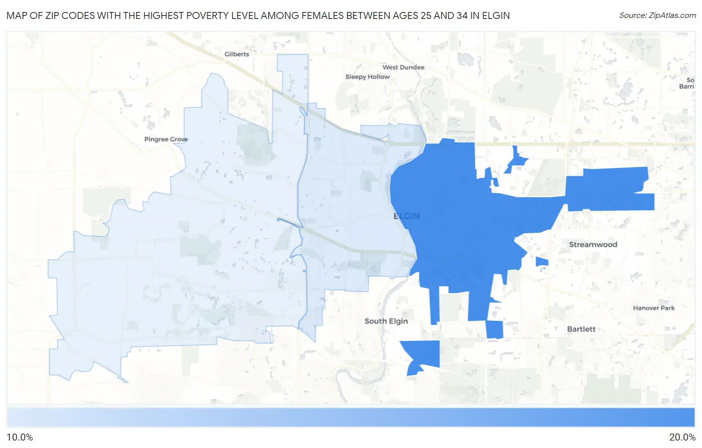 Zip Codes with the Highest Poverty Level Among Females Between Ages 25 and 34 in Elgin Map