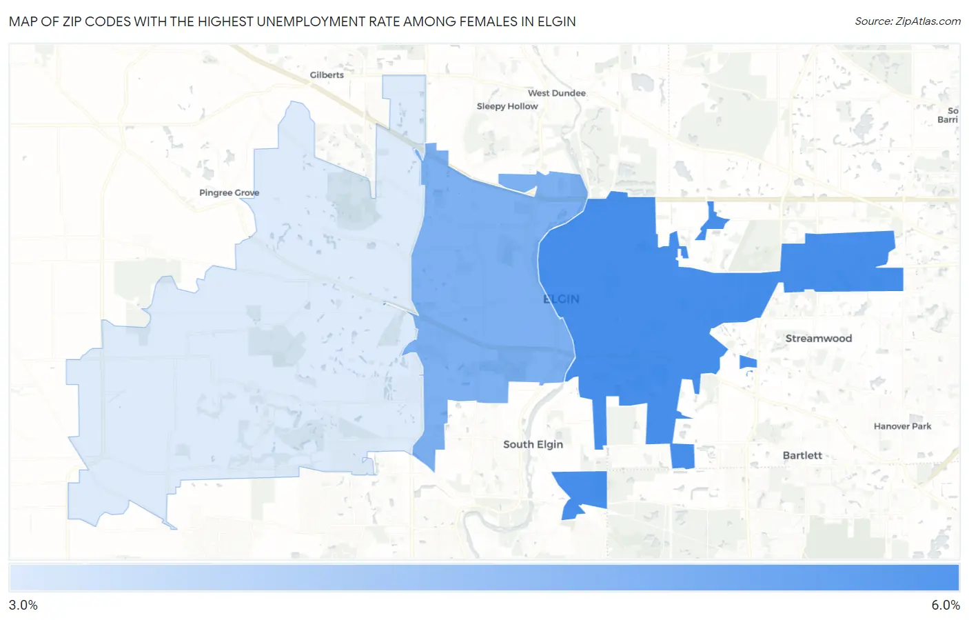 Zip Codes with the Highest Unemployment Rate Among Females in Elgin Map