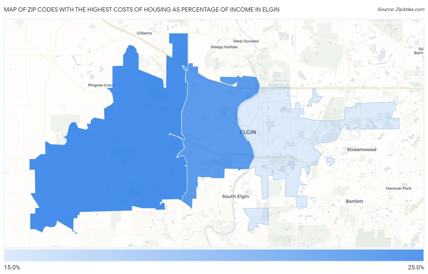 Zip Codes with the Highest Costs of Housing as Percentage of Income in Elgin Map