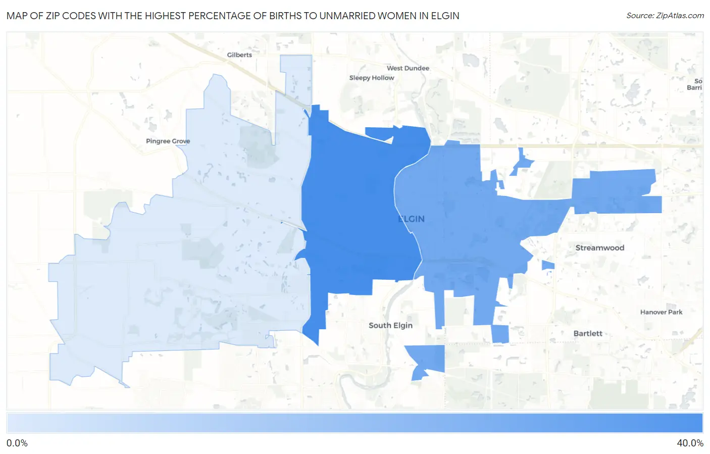 Zip Codes with the Highest Percentage of Births to Unmarried Women in Elgin Map