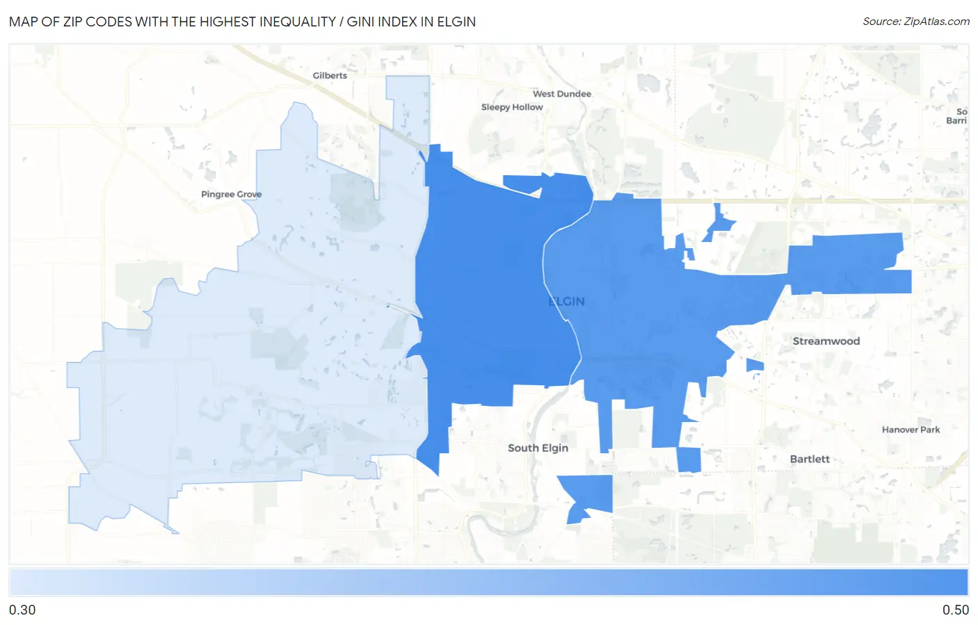 Zip Codes with the Highest Inequality / Gini Index in Elgin Map