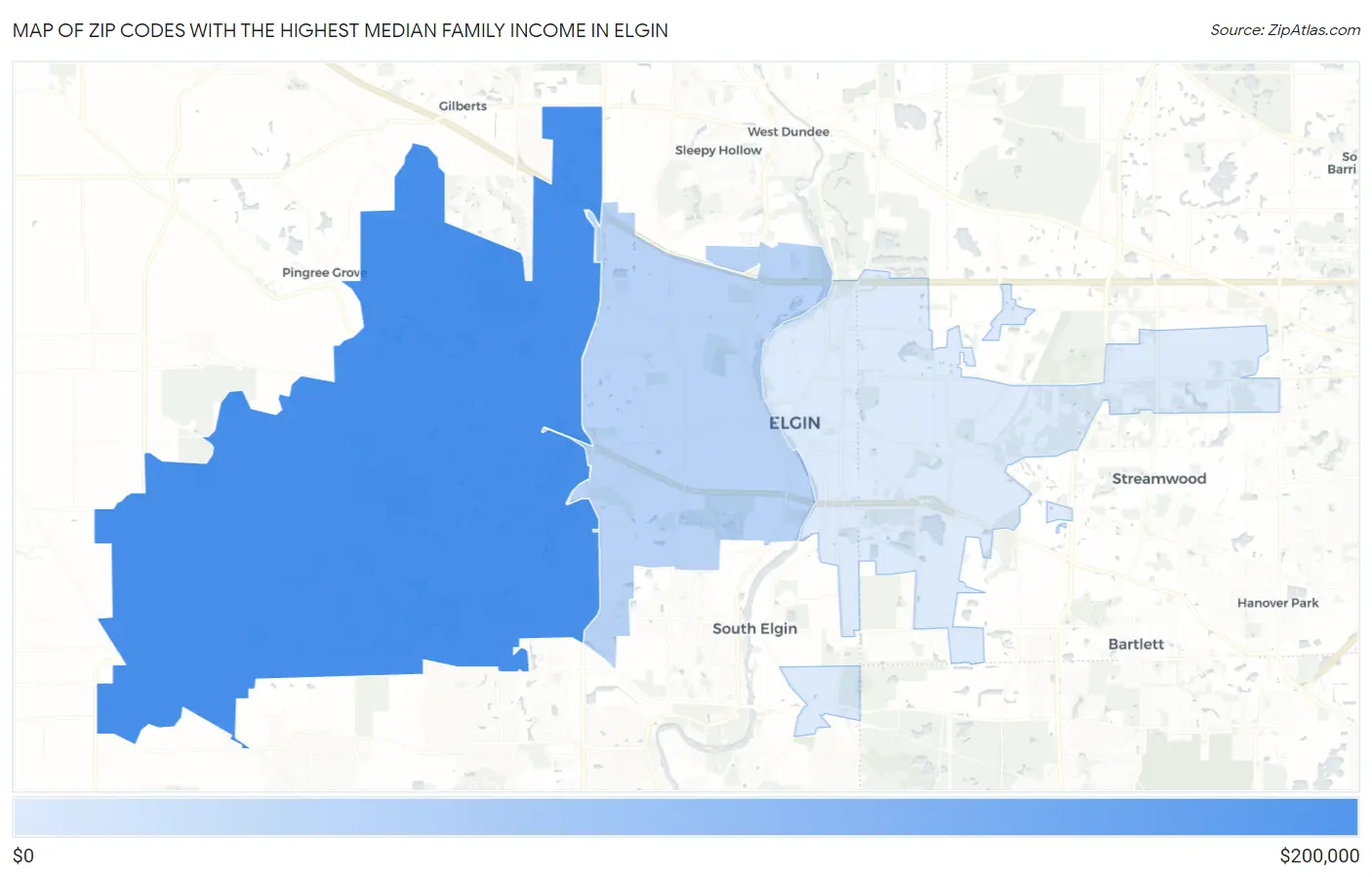 Zip Codes with the Highest Median Family Income in Elgin Map