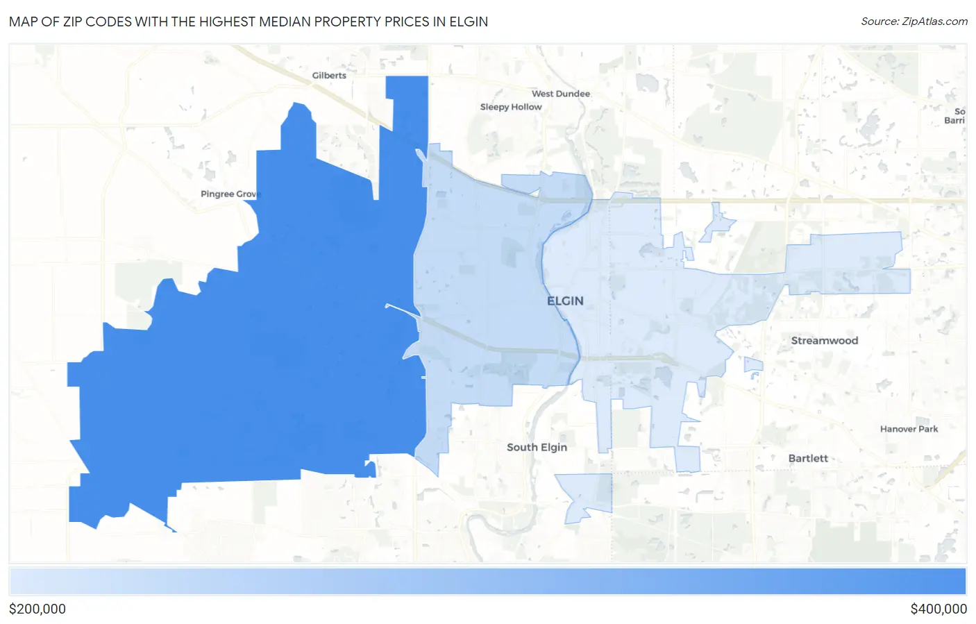 Zip Codes with the Highest Median Property Prices in Elgin Map