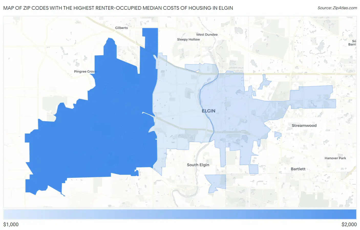 Zip Codes with the Highest Renter-Occupied Median Costs of Housing in Elgin Map