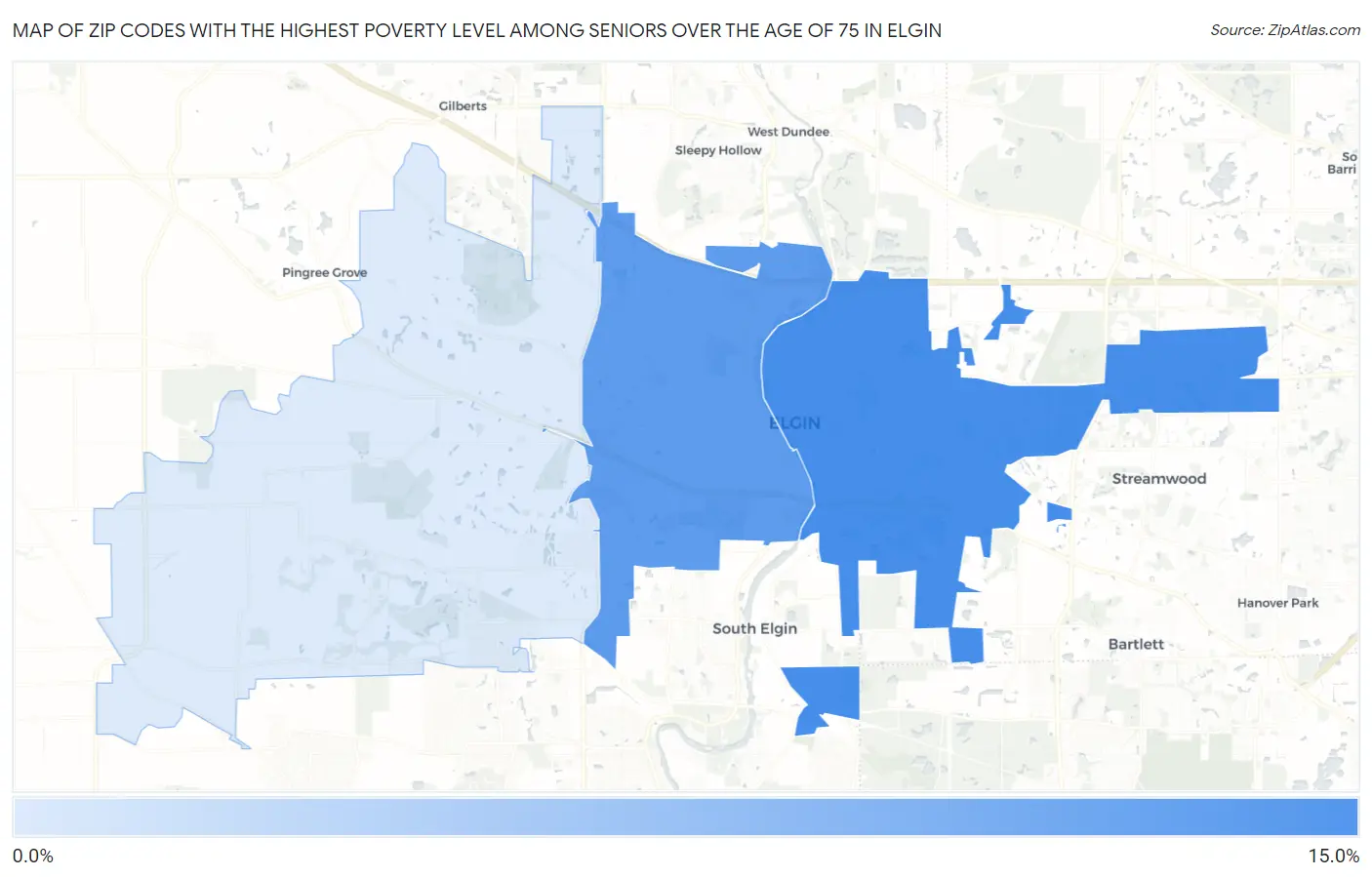 Zip Codes with the Highest Poverty Level Among Seniors Over the Age of 75 in Elgin Map