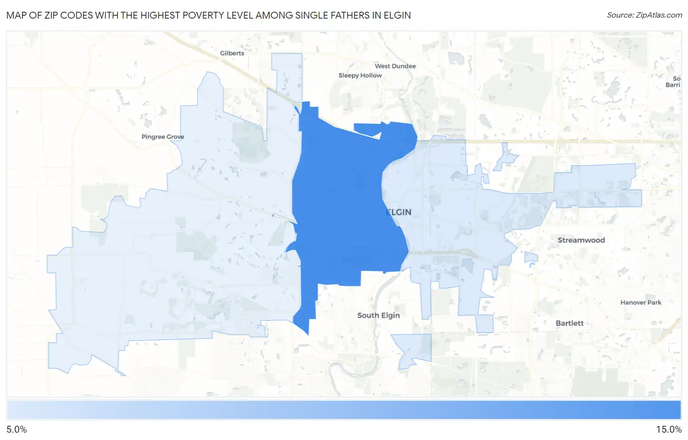 Zip Codes with the Highest Poverty Level Among Single Fathers in Elgin Map