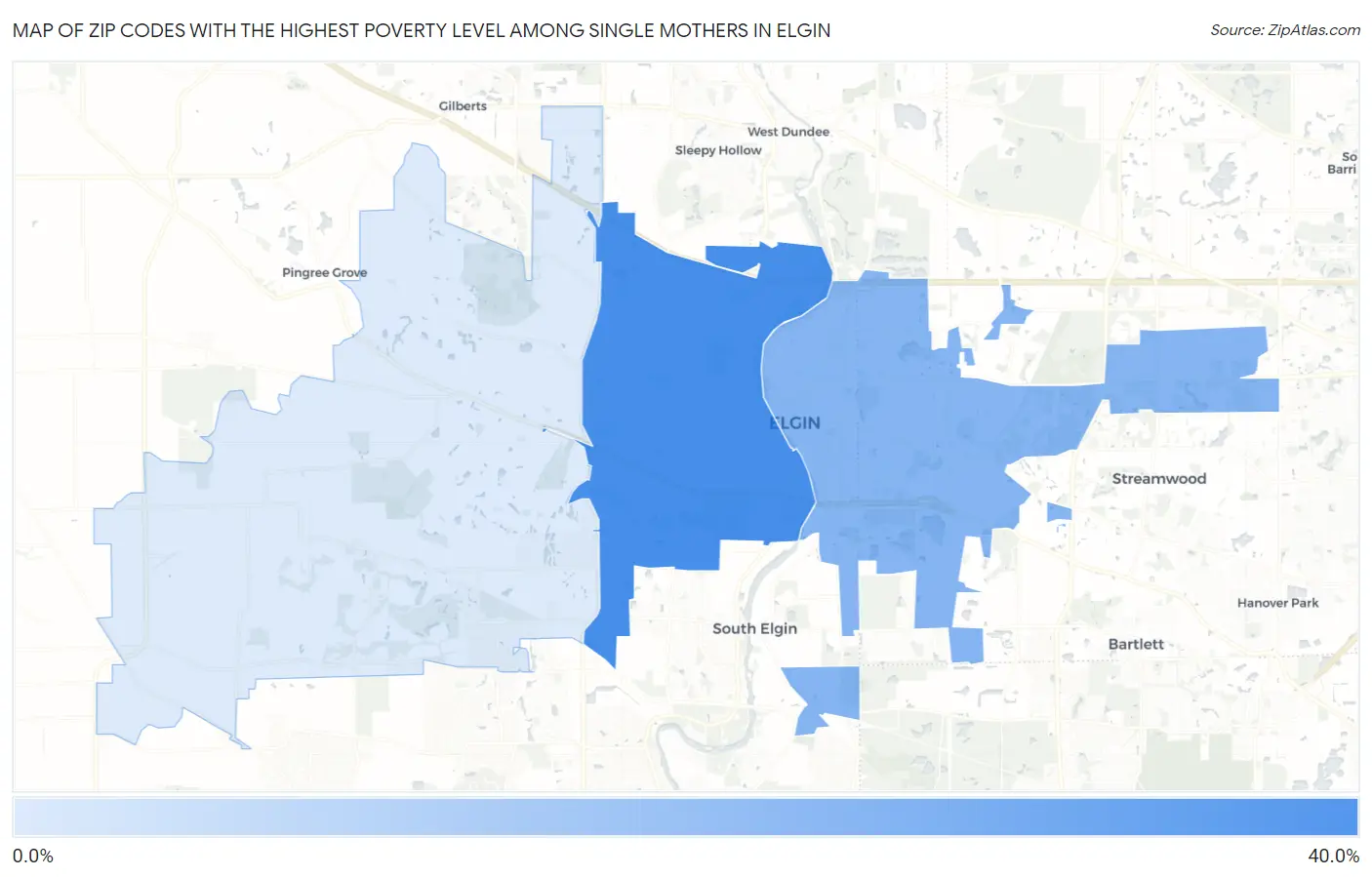Zip Codes with the Highest Poverty Level Among Single Mothers in Elgin Map