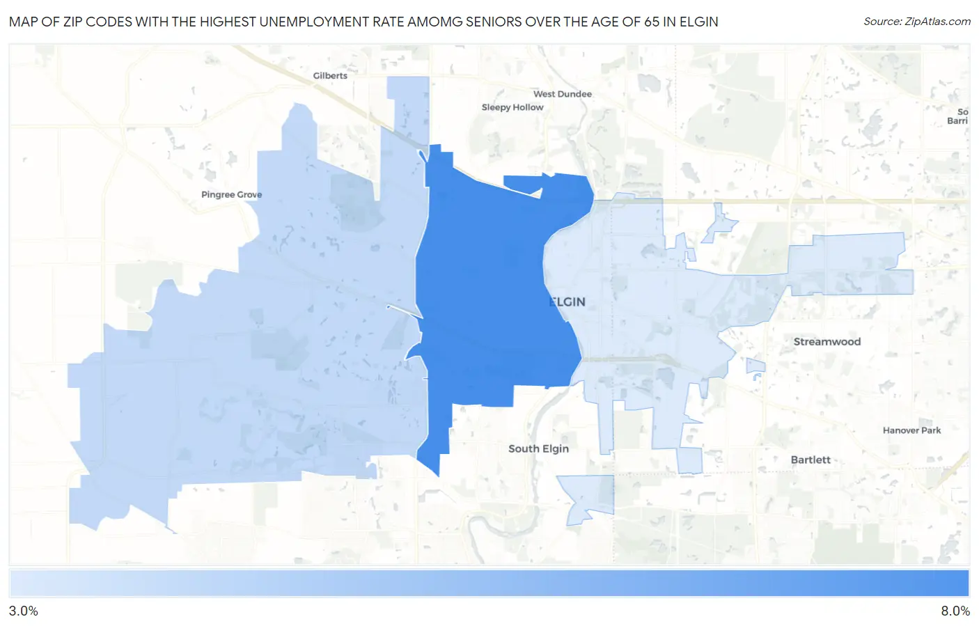Zip Codes with the Highest Unemployment Rate Amomg Seniors Over the Age of 65 in Elgin Map