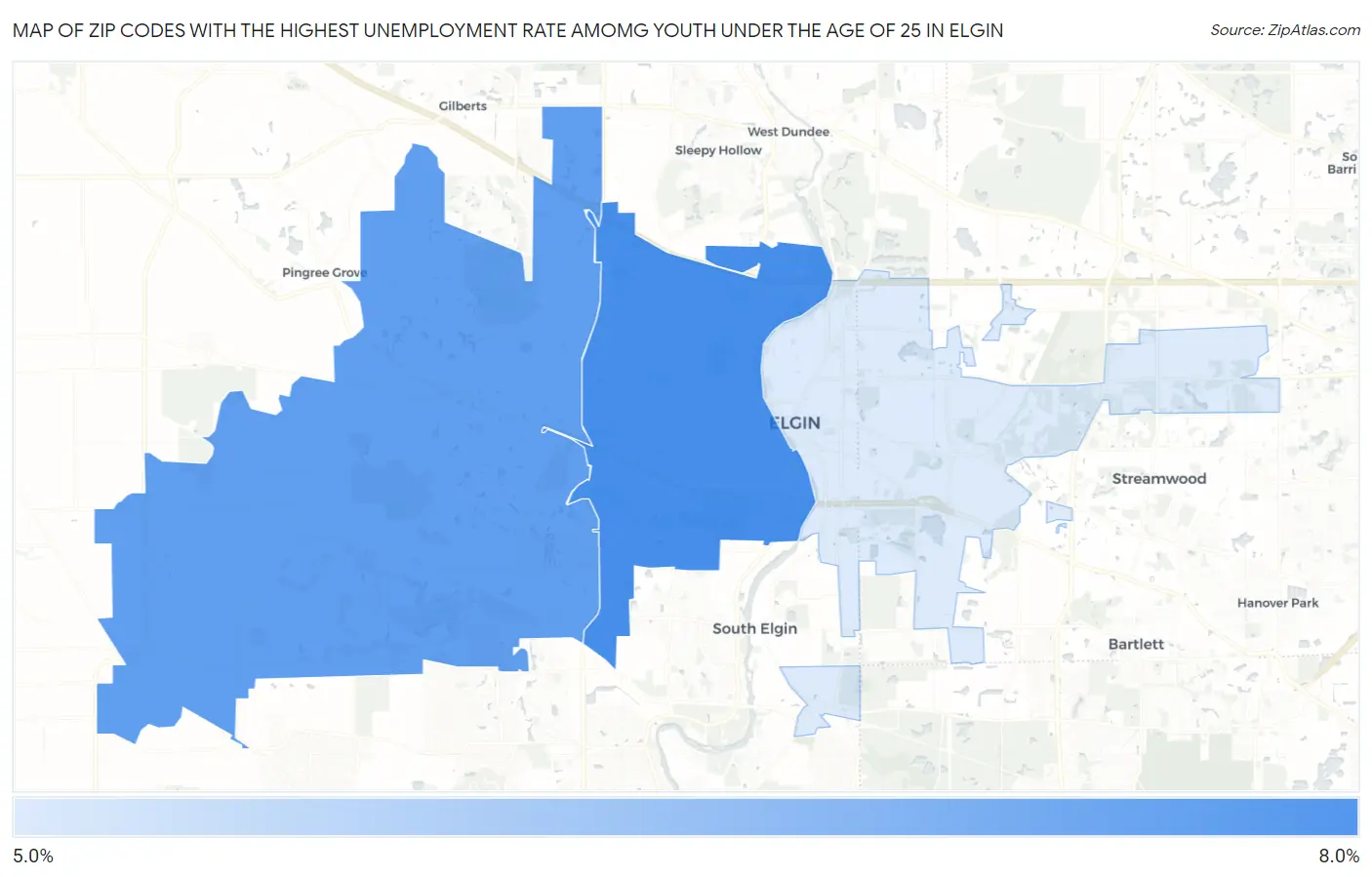 Zip Codes with the Highest Unemployment Rate Amomg Youth Under the Age of 25 in Elgin Map