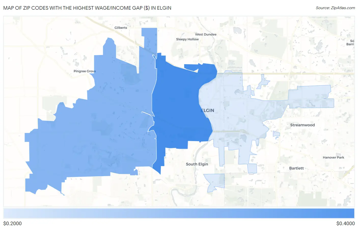 Zip Codes with the Highest Wage/Income Gap ($) in Elgin Map