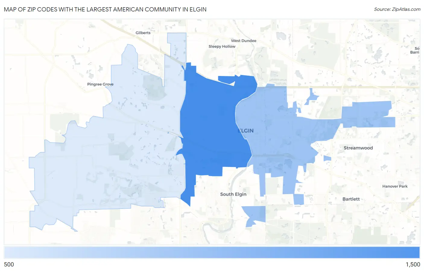 Zip Codes with the Largest American Community in Elgin Map