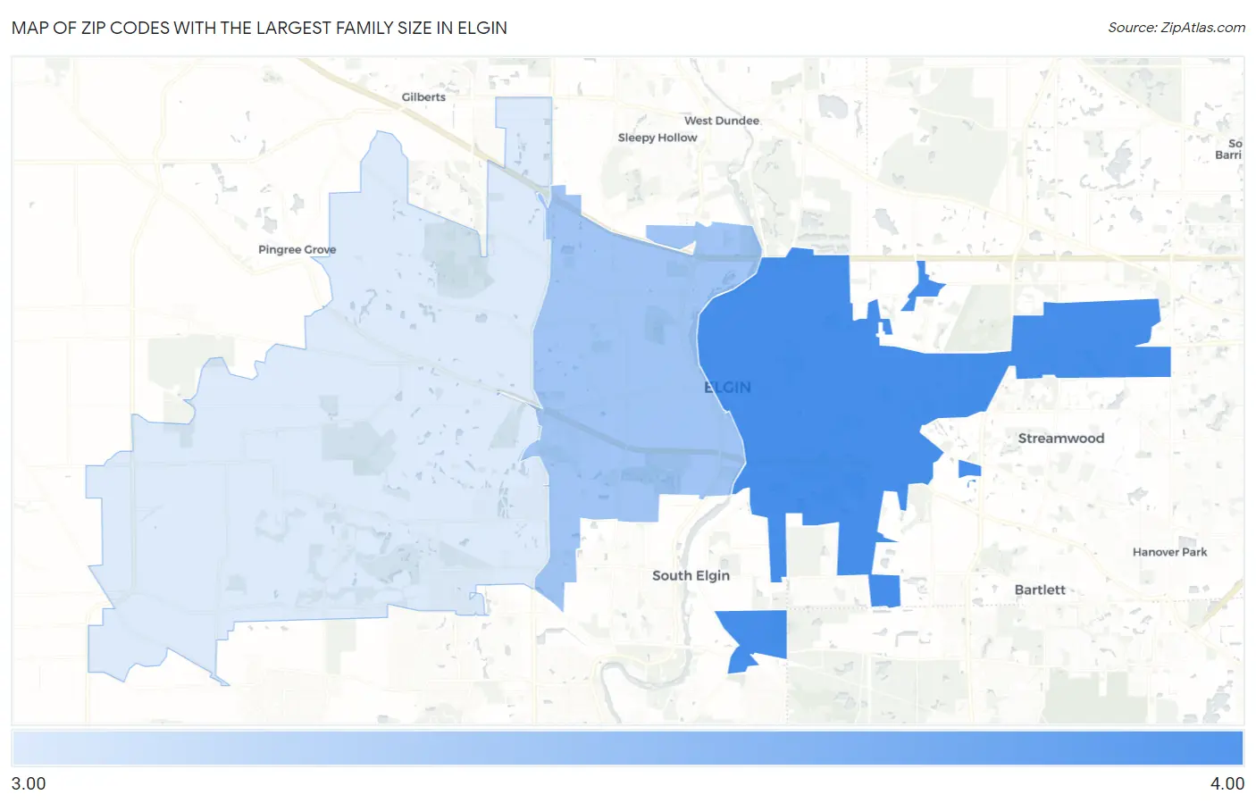 Zip Codes with the Largest Family Size in Elgin Map