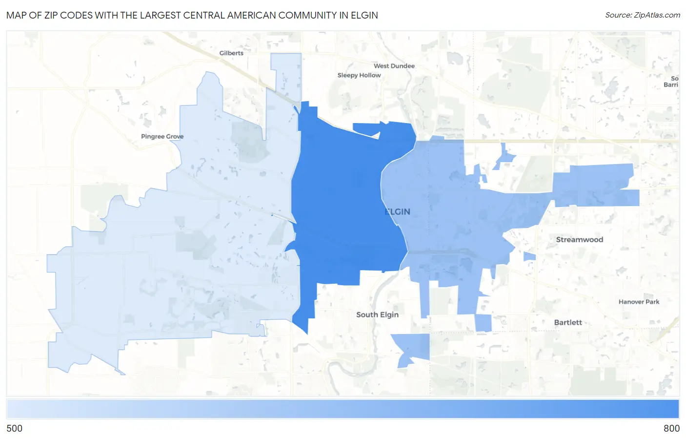 Zip Codes with the Largest Central American Community in Elgin Map