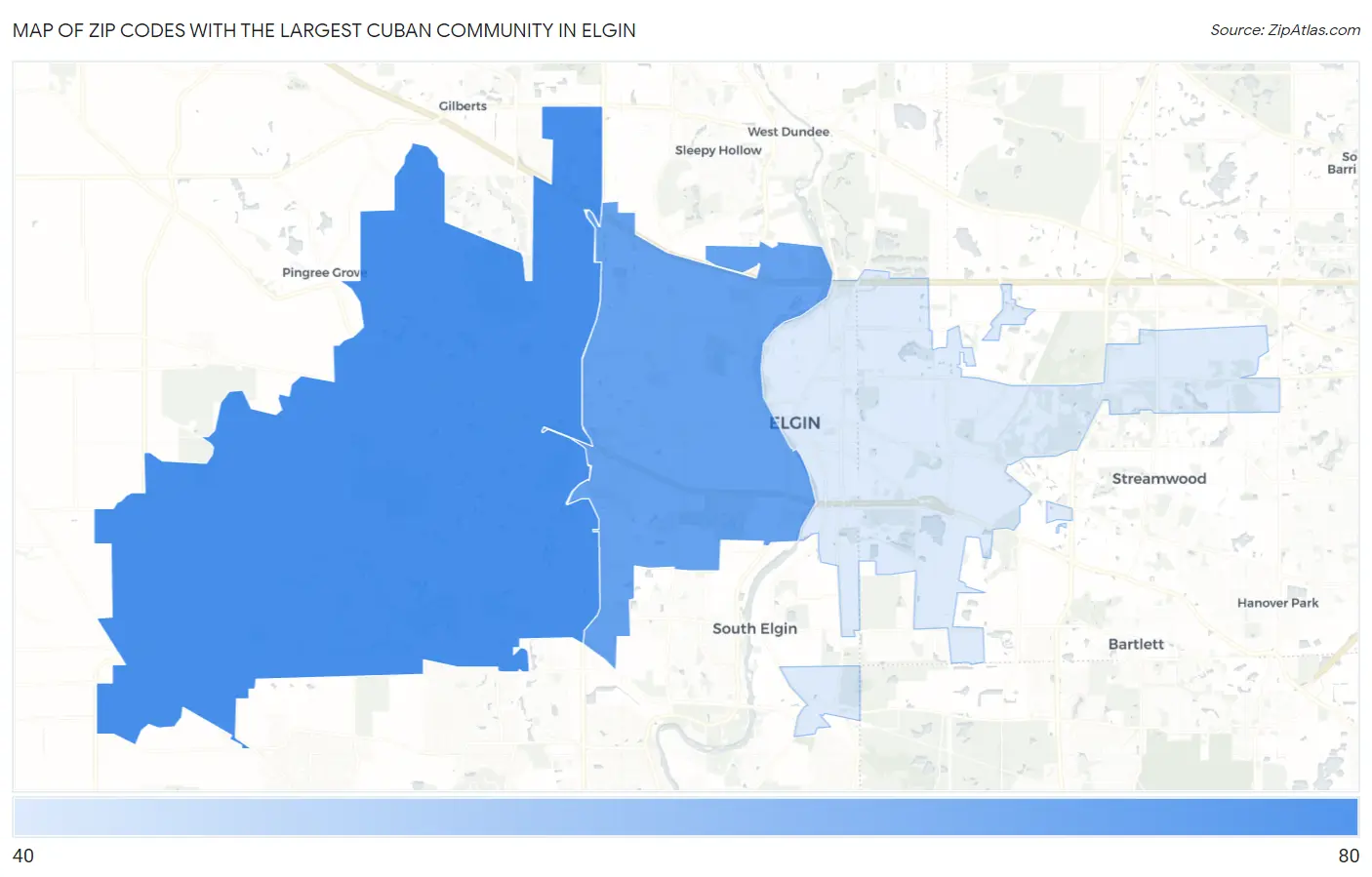 Zip Codes with the Largest Cuban Community in Elgin Map