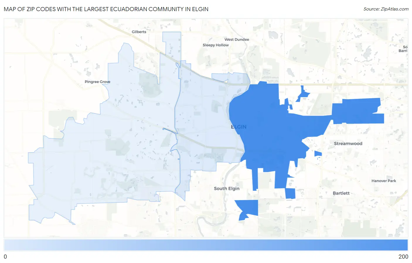 Zip Codes with the Largest Ecuadorian Community in Elgin Map