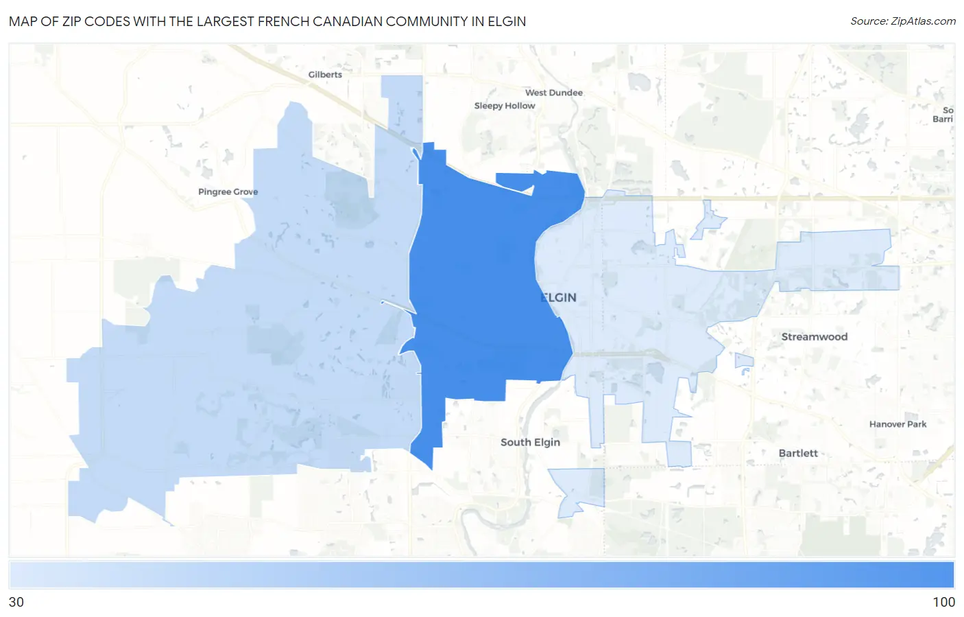 Zip Codes with the Largest French Canadian Community in Elgin Map