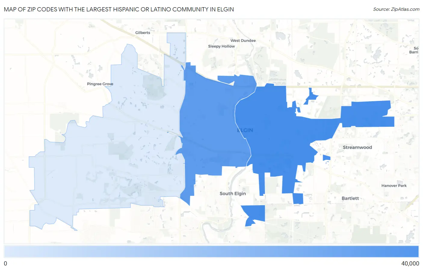 Zip Codes with the Largest Hispanic or Latino Community in Elgin Map