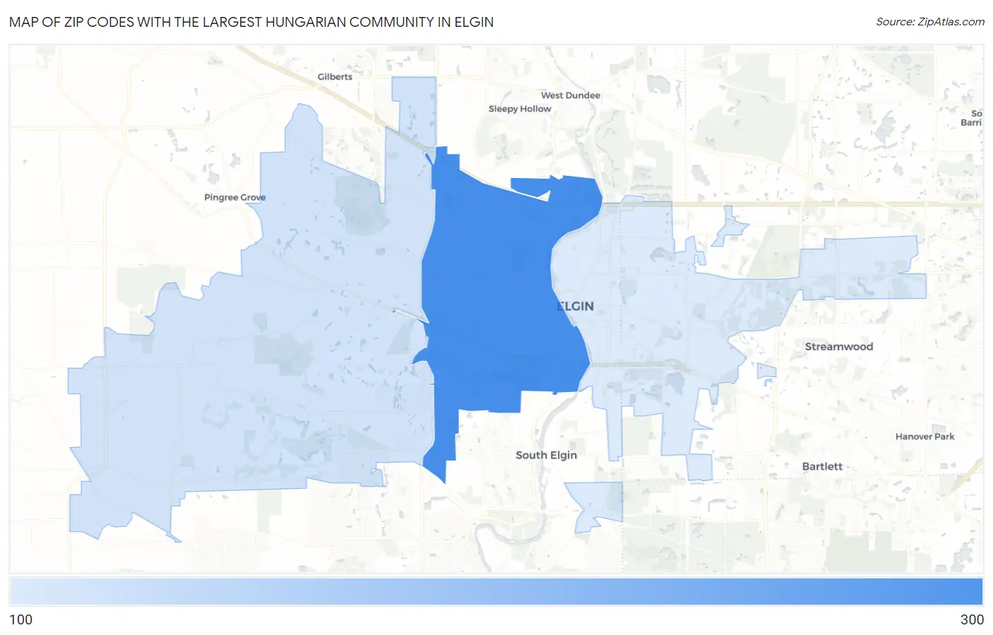 Zip Codes with the Largest Hungarian Community in Elgin Map
