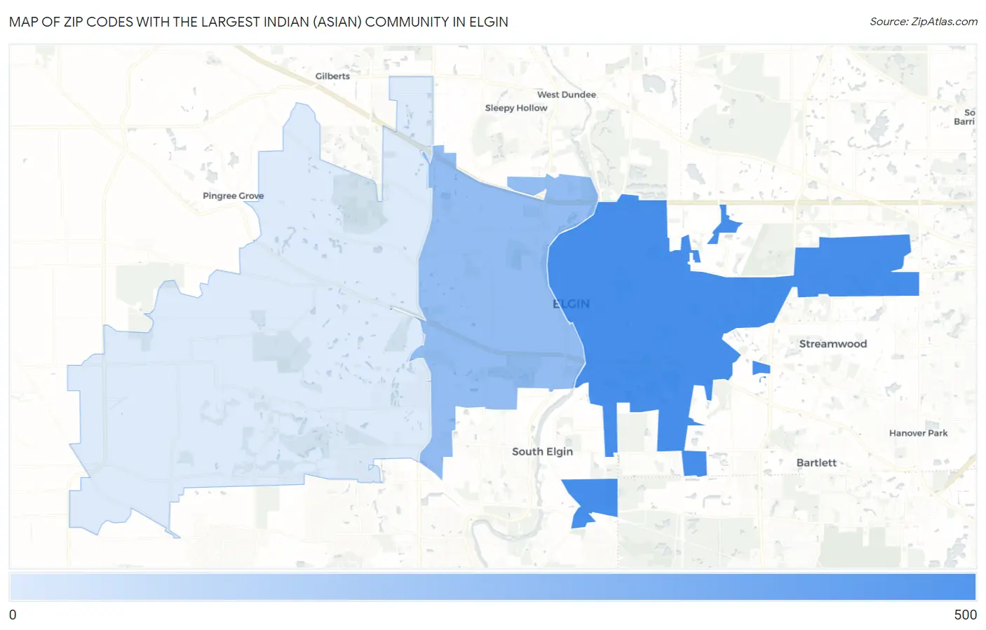 Zip Codes with the Largest Indian (Asian) Community in Elgin Map