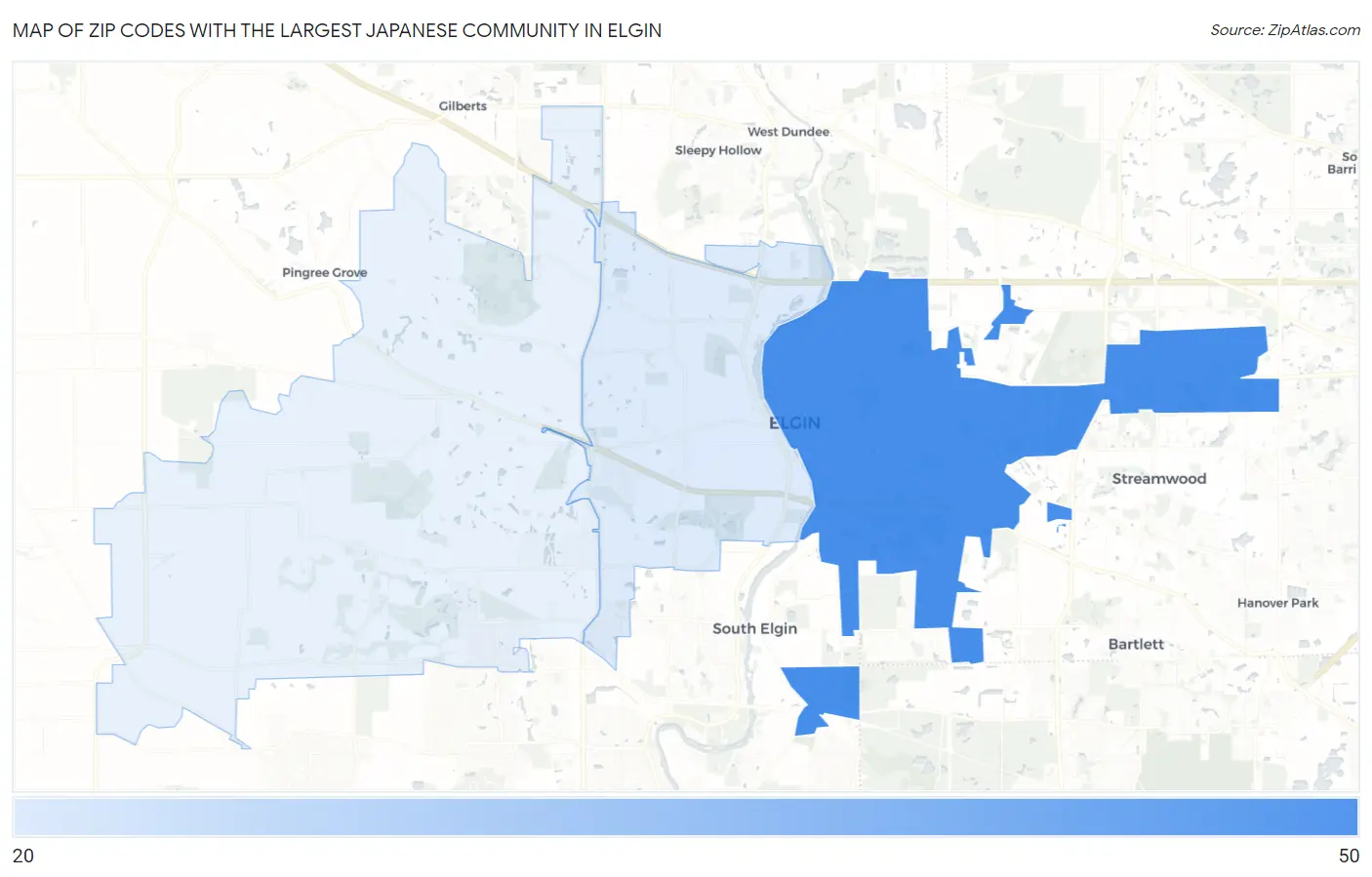 Zip Codes with the Largest Japanese Community in Elgin Map