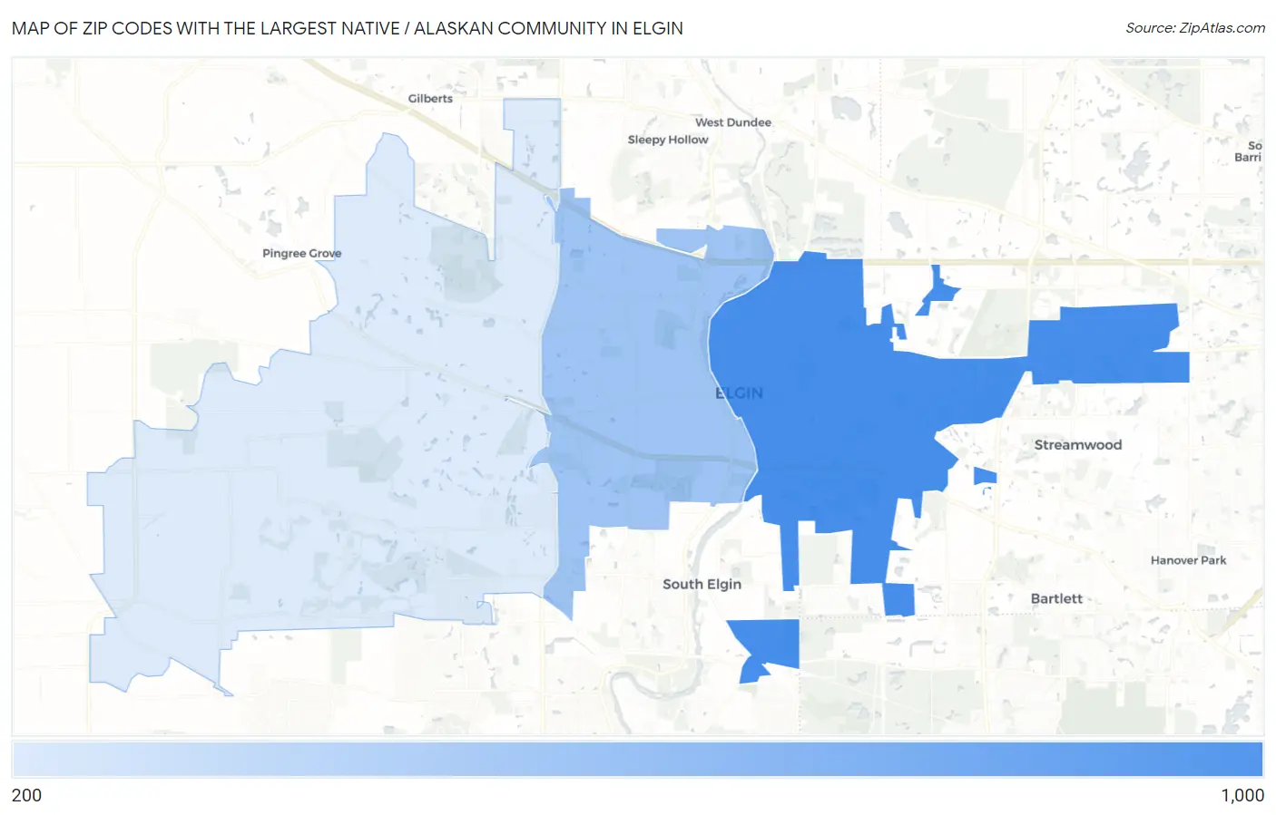 Zip Codes with the Largest Native / Alaskan Community in Elgin Map