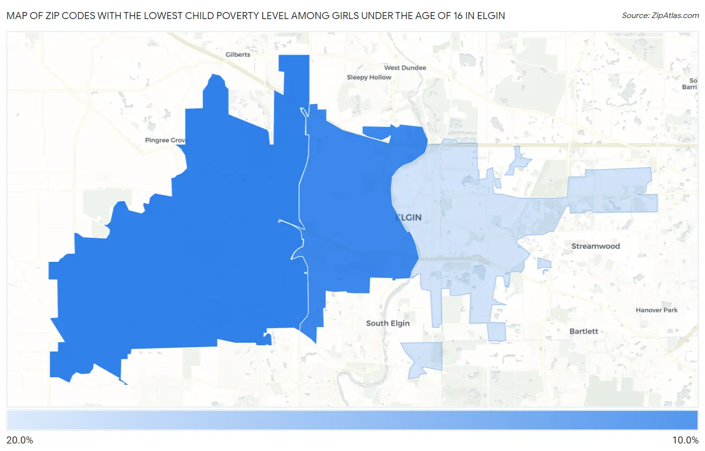 Zip Codes with the Lowest Child Poverty Level Among Girls Under the Age of 16 in Elgin Map