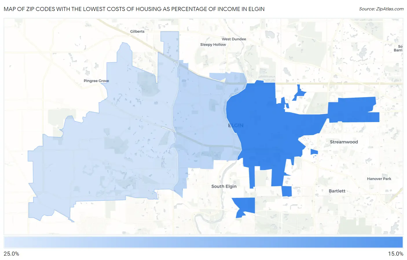 Zip Codes with the Lowest Costs of Housing as Percentage of Income in Elgin Map