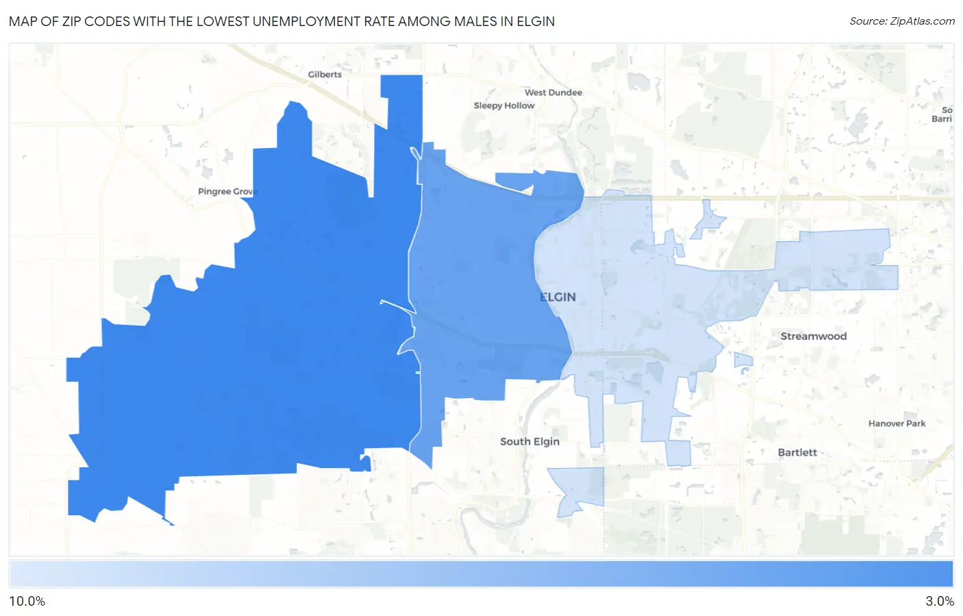 Zip Codes with the Lowest Unemployment Rate Among Males in Elgin Map