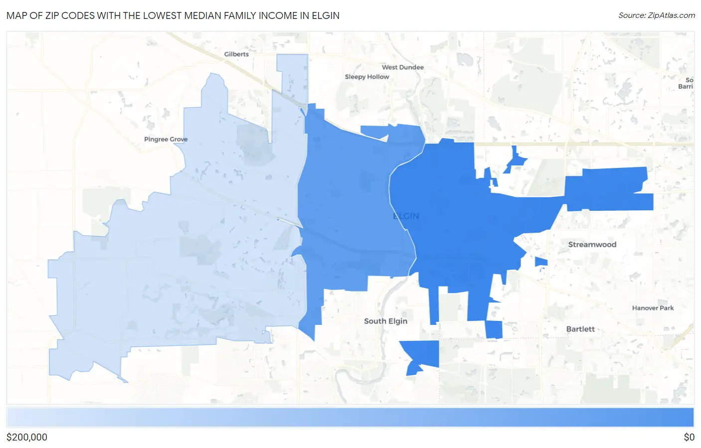 Zip Codes with the Lowest Median Family Income in Elgin Map