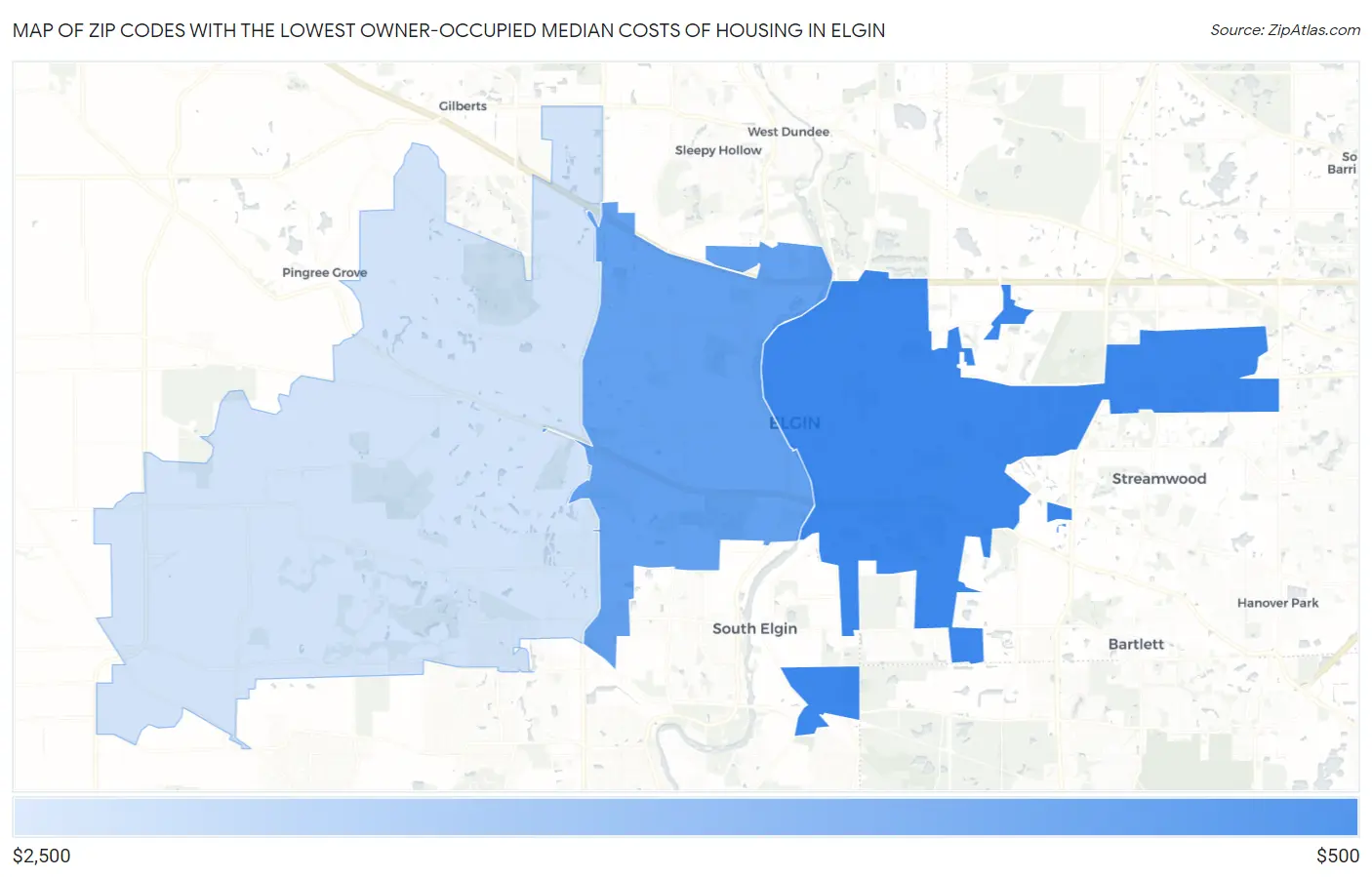 Zip Codes with the Lowest Owner-Occupied Median Costs of Housing in Elgin Map