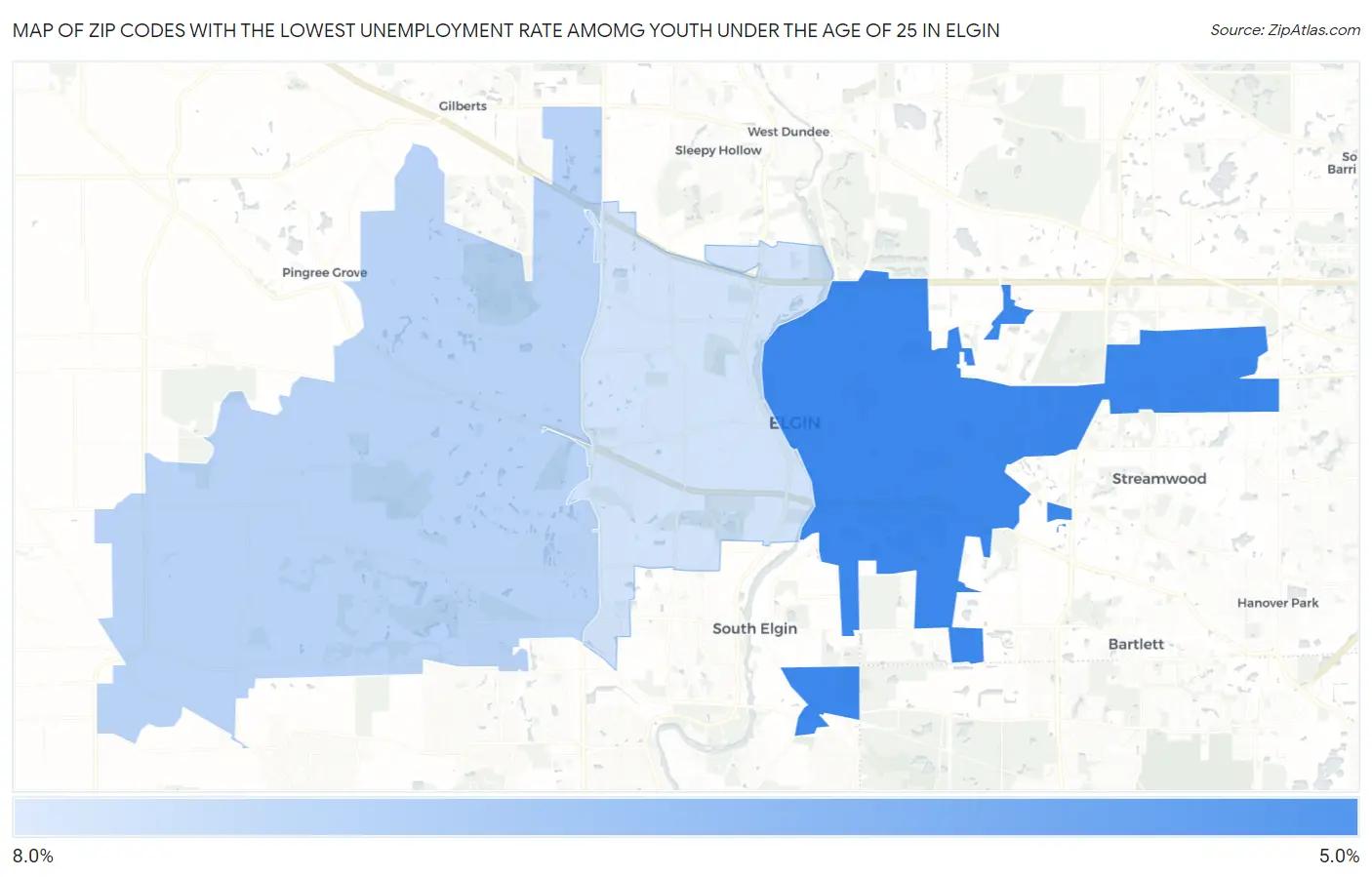 Zip Codes with the Lowest Unemployment Rate Amomg Youth Under the Age of 25 in Elgin Map