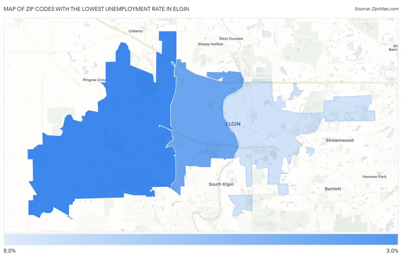 Zip Codes with the Lowest Unemployment Rate in Elgin Map