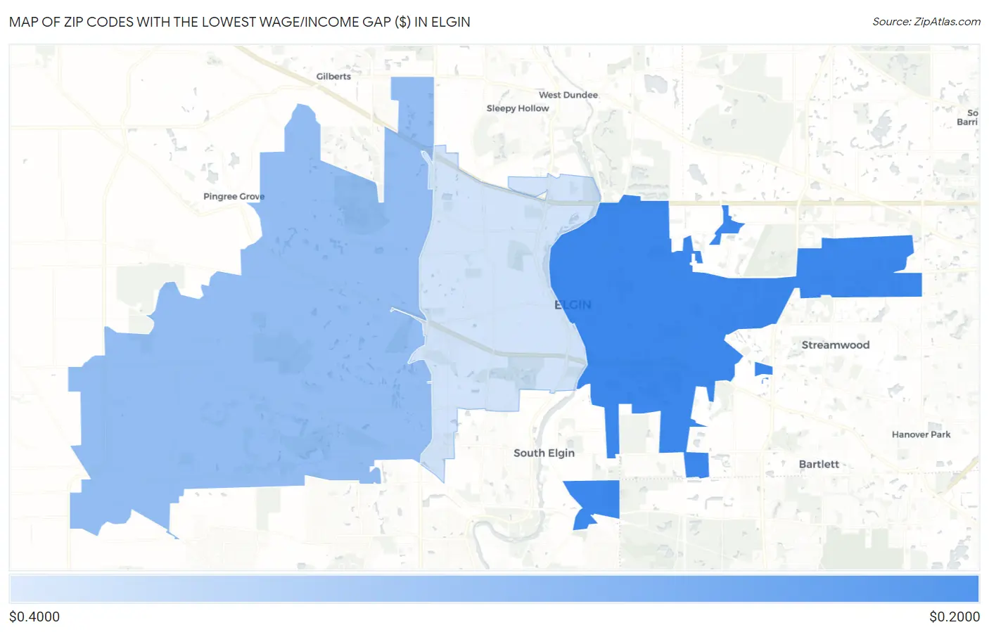 Zip Codes with the Lowest Wage/Income Gap ($) in Elgin Map