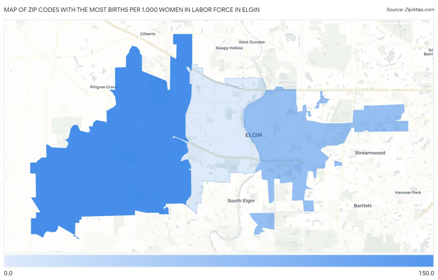 Zip Codes with the Most Births per 1,000 Women in Labor Force in Elgin Map