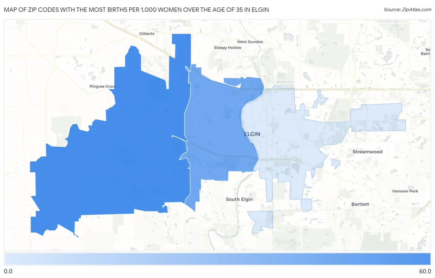 Zip Codes with the Most Births per 1,000 Women Over the Age of 35 in Elgin Map
