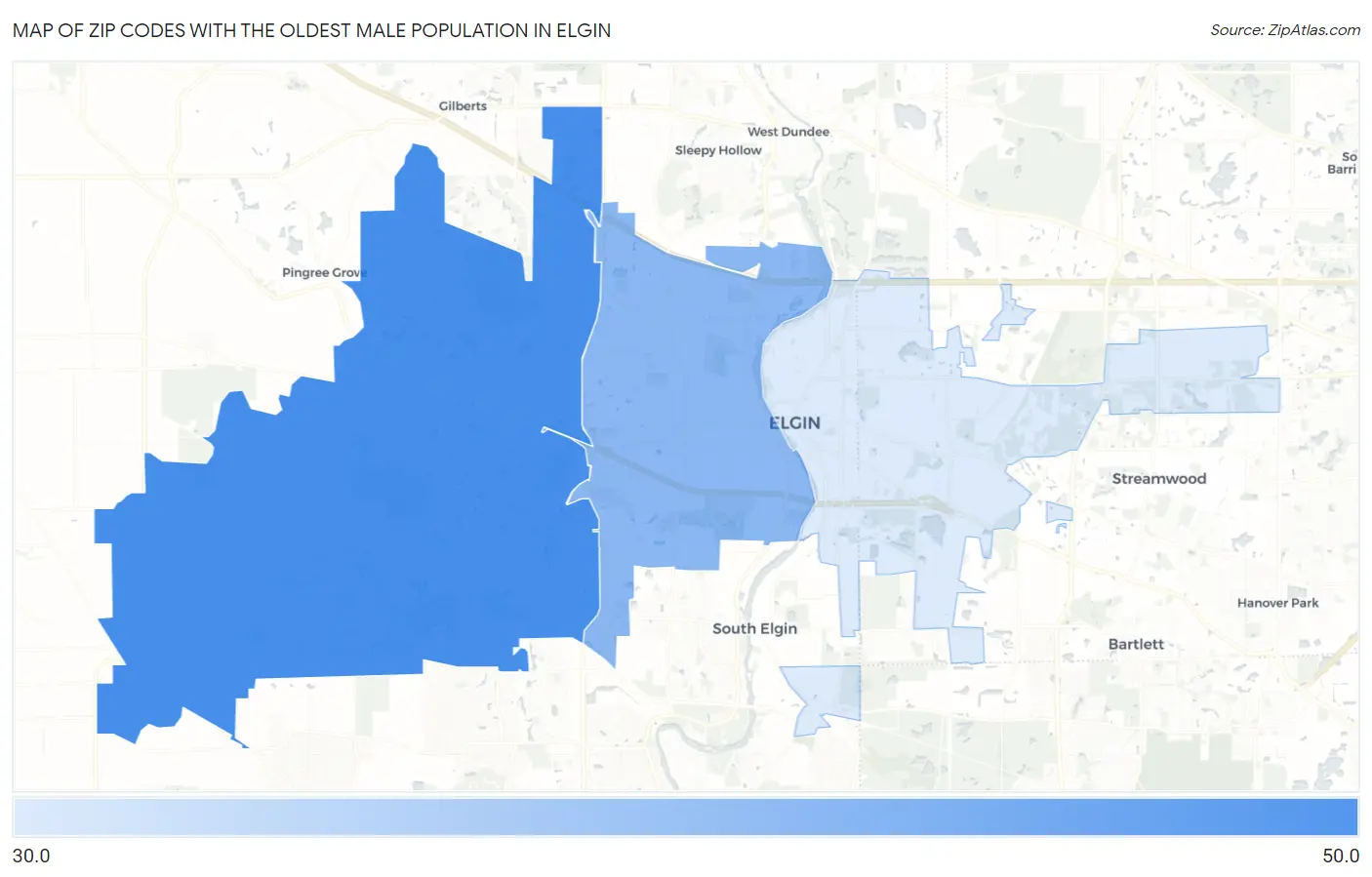 Zip Codes with the Oldest Male Population in Elgin Map