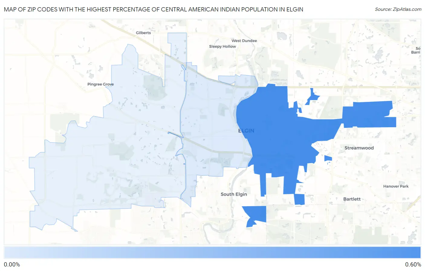 Zip Codes with the Highest Percentage of Central American Indian Population in Elgin Map