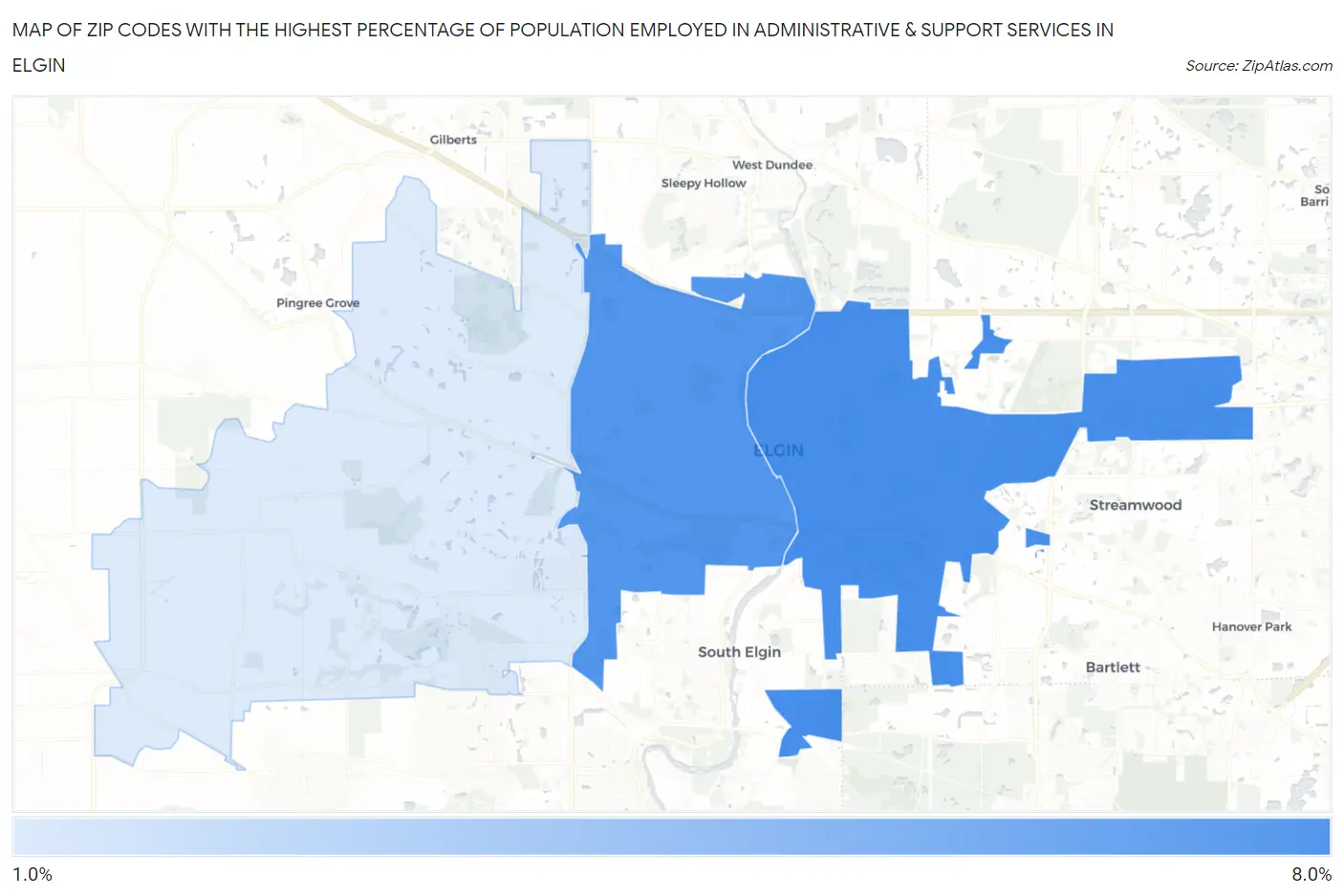 Zip Codes with the Highest Percentage of Population Employed in Administrative & Support Services in Elgin Map