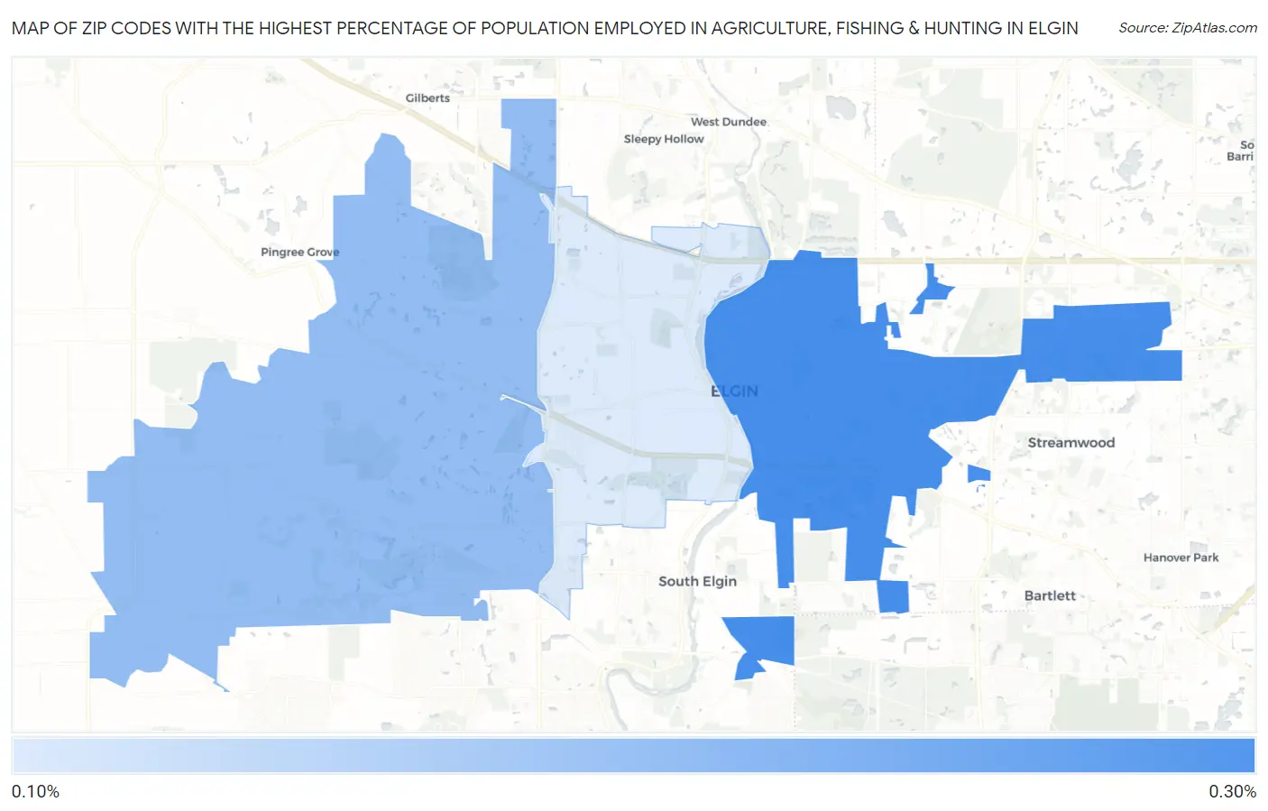 Zip Codes with the Highest Percentage of Population Employed in Agriculture, Fishing & Hunting in Elgin Map