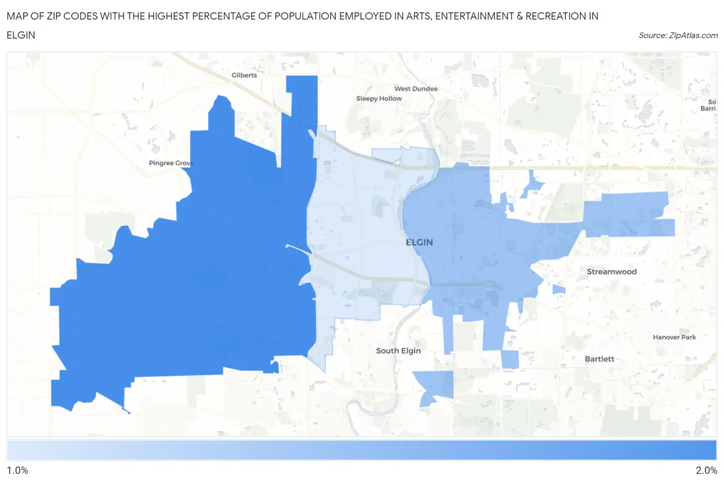 Zip Codes with the Highest Percentage of Population Employed in Arts, Entertainment & Recreation in Elgin Map