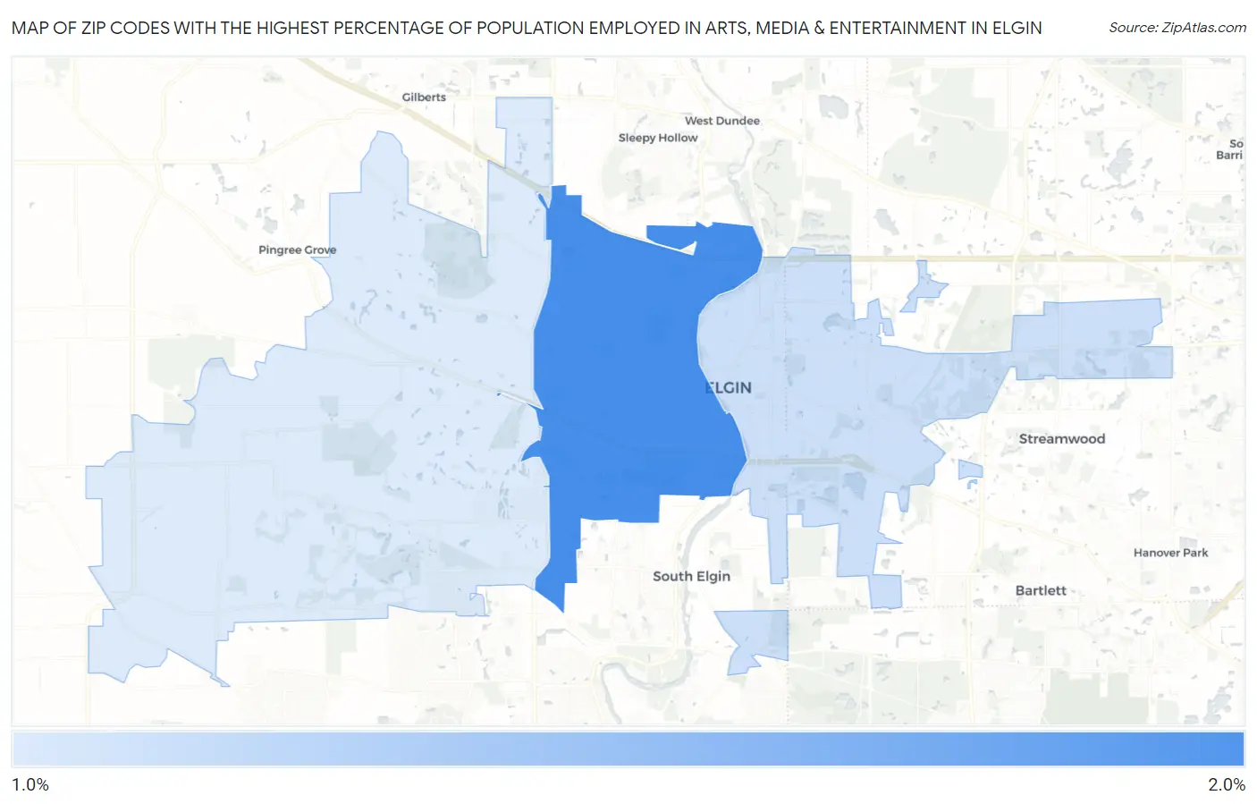 Zip Codes with the Highest Percentage of Population Employed in Arts, Media & Entertainment in Elgin Map