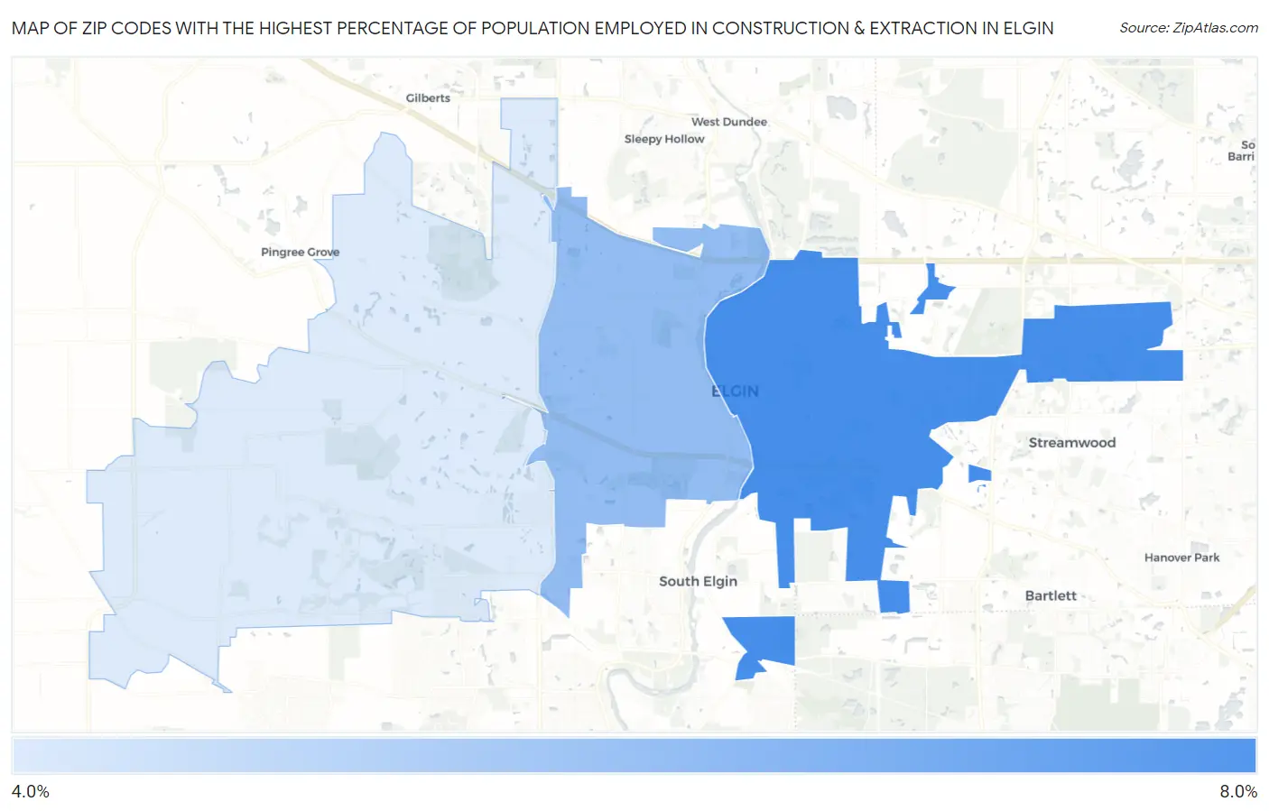 Zip Codes with the Highest Percentage of Population Employed in Construction & Extraction in Elgin Map